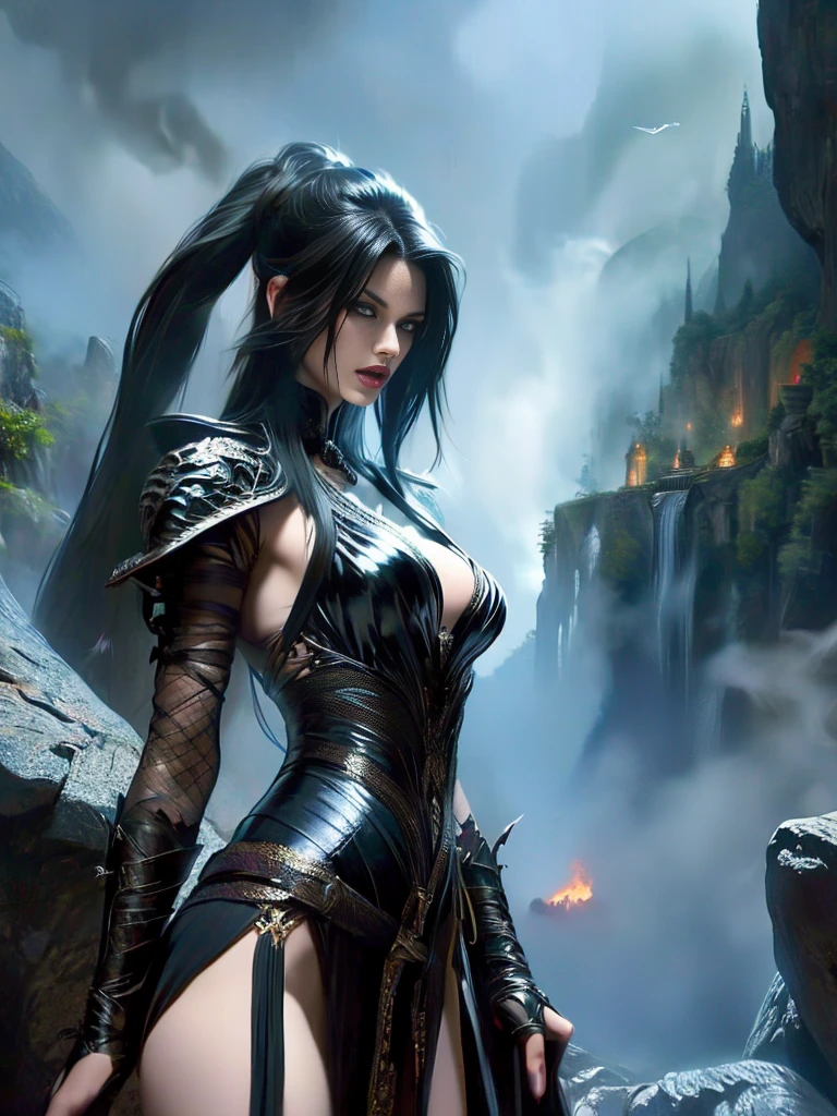 A very beautiful slender female demon with expressive beautiful black eyes, very long flowing black hair, and a sensual mouth. A rocky dark gorge, in the distance in the background you can see an ancient castle and dragons flying over it. A beautiful painting by Luis Royo, fine lines, high definition, lots of detail.