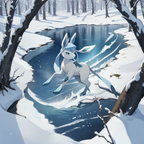 glaceon, snow,pokemon \(creature\),animal, full body, tree,, (masterpiece, best quality,absurdres: 1.2),, perfect hands,, master...