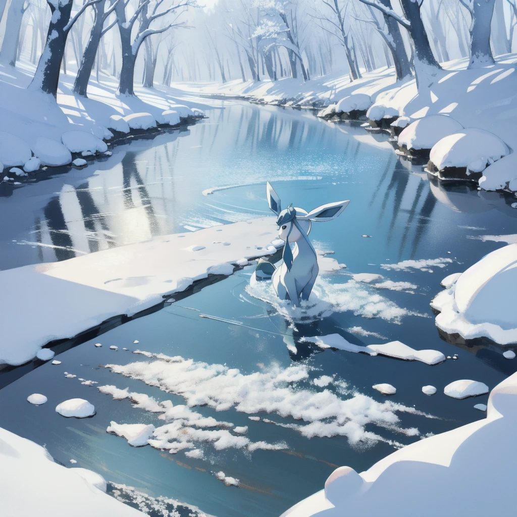 glaceon, snow,pokemon \(creature\),animal, full body, tree,, (masterpiece, best quality,absurdres: 1.2),, perfect hands,, masterpiece,best quality,ultra-detailed,very detailed illustrations,extremely detailed,intricate details,highres,super complex details,extremely detailed 8k cg wallpaper