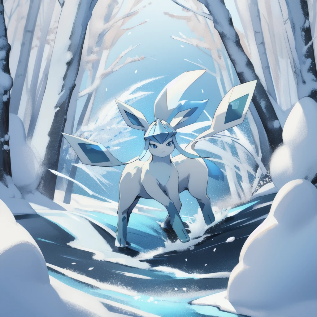 glaceon, snow,pokemon \(creature\),animal, full body, tree,, (masterpiece, best quality,absurdres: 1.2),, perfect hands,, masterpiece,best quality,ultra-detailed,very detailed illustrations,extremely detailed,intricate details,highres,super complex details,extremely detailed 8k cg wallpaper