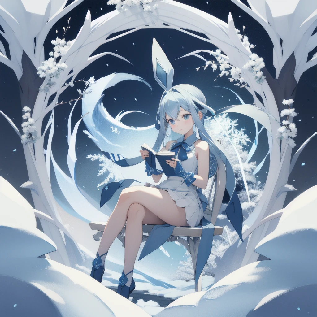 glaceon, snow,pokemon \(creature\),animal, full body, tree,, (masterpiece, best quality,absurdres: 1.2),, perfect hands,, masterpiece,best quality,ultra-detailed,very detailed illustrations,extremely detailed,intricate details,highres,super complex details,extremely detailed 8k cg wallpaper