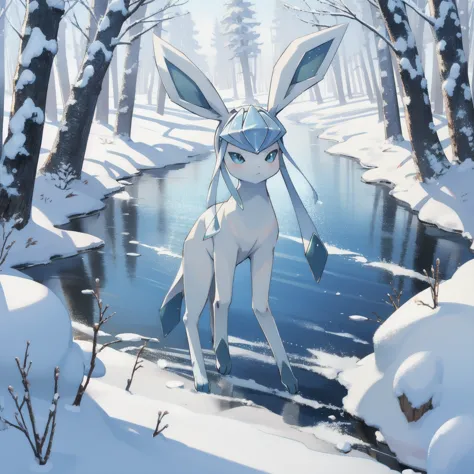 glaceon, snow,pokemon \(creature\),animal, full body, tree,, (masterpiece, best quality,absurdres: 1.2),, perfect hands,, master...