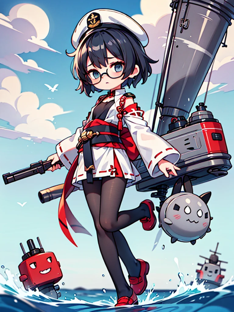 ((((Full body of a woman with perfect flat chest、solo、Short unkempt black hair、white military jacket、Miko costume、tights、Black glasses、White military cap、Cloudy eyes、Sleepy expression)))), (((masterpiece))), (((Shipgirl))), ((Floating on the morning sea with both feet)), (Spread your legs wide open), (Hold the turret with your right hand), (Mechanical arms extending from the waist are used to equip the ship with battleship equipment.), (Equipped with a turret on the back), (Holds the turret with his left arm), Shotgun shells are attached to the thigh with a belt, Spreading the Machine&#39;s Wings, Machine tail,  shotgun, 