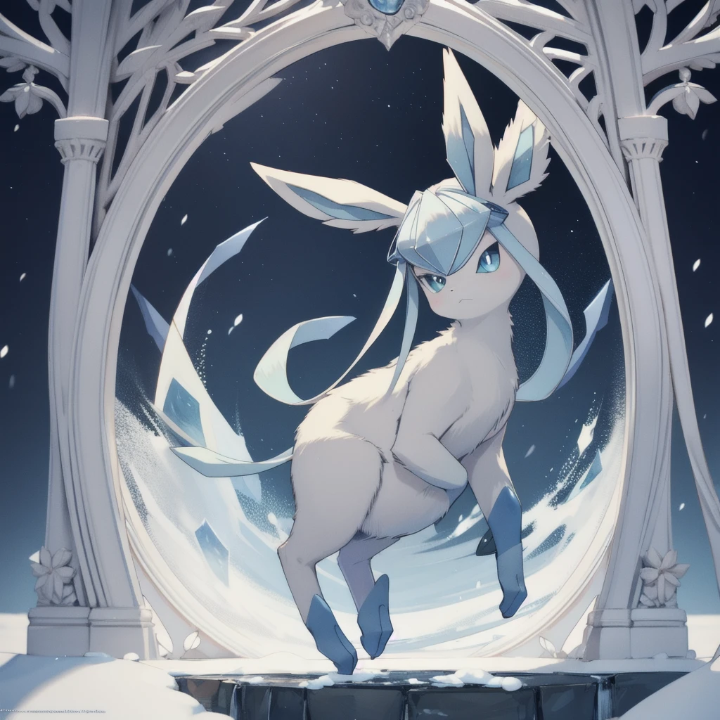 glaceon, snow,pokemon \(creature\),animal,  full body, tree,, (masterpiece, best quality,absurdres: 1.2),, perfect hands,, masterpiece,best quality,ultra-detailed,very detailed illustrations,extremely detailed,intricate details,highres,super complex details,extremely detailed 8k cg wallpaper