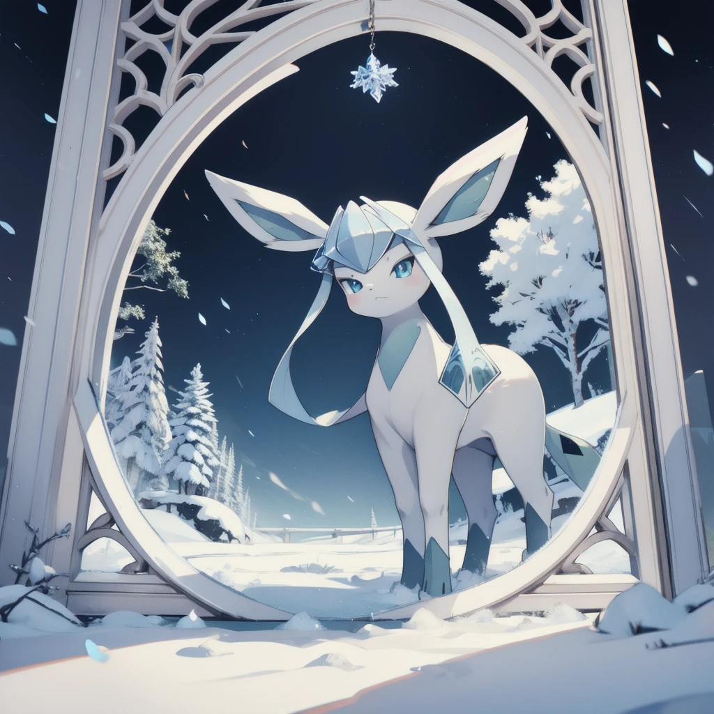 glaceon, snow,pokemon \(creature\),animal,  full body, tree,, (masterpiece, best quality,absurdres: 1.2),, perfect hands,, masterpiece,best quality,ultra-detailed,very detailed illustrations,extremely detailed,intricate details,highres,super complex details,extremely detailed 8k cg wallpaper