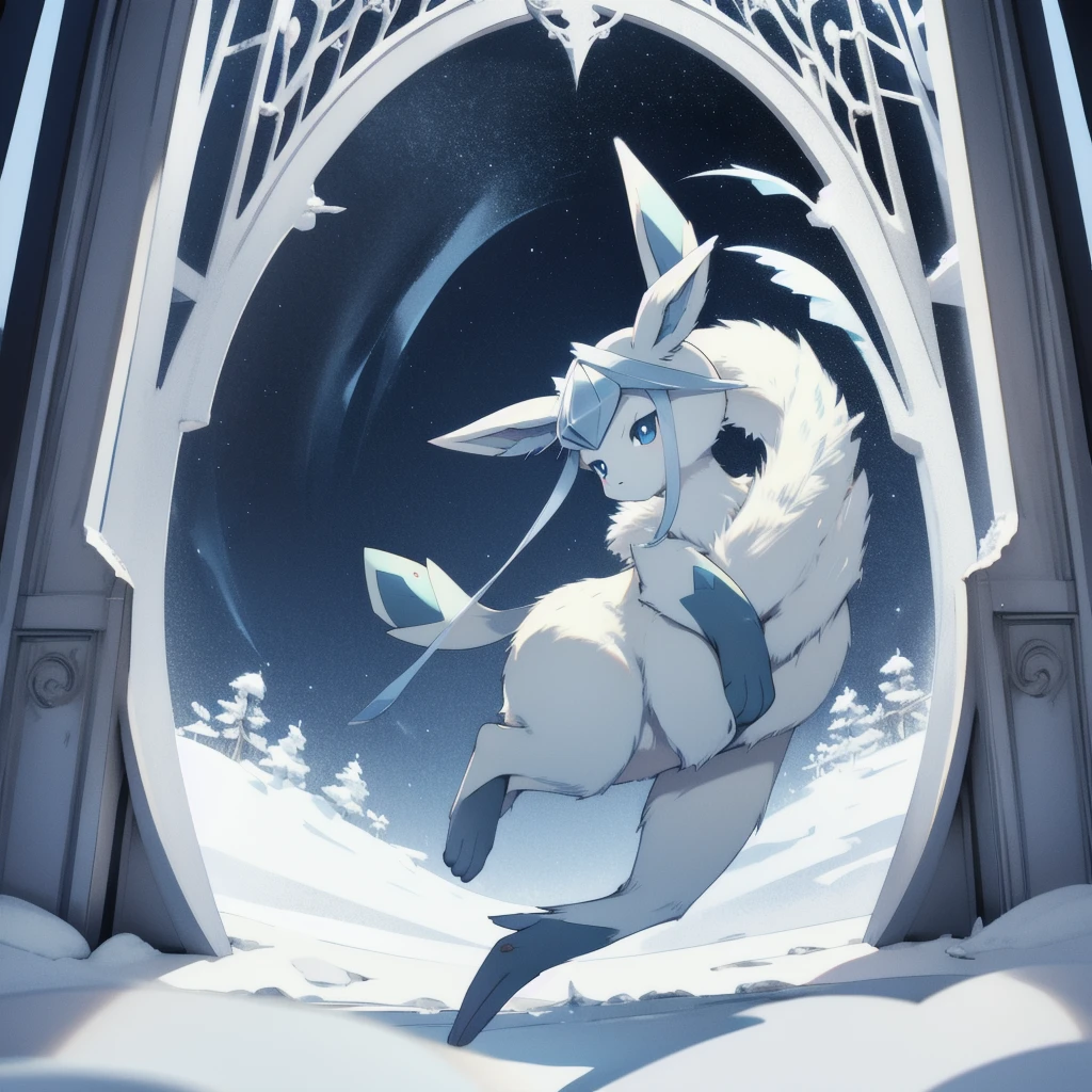 glaceon, snow,pokemon \(creature\),animal,  full body, tree,, (masterpiece, best quality,absurdres: 1.2),, perfect hands,, masterpiece,best quality,ultra-detailed,very detailed illustrations,extremely detailed,intricate details,highres,super complex details,extremely detailed 8k cg wallpaper