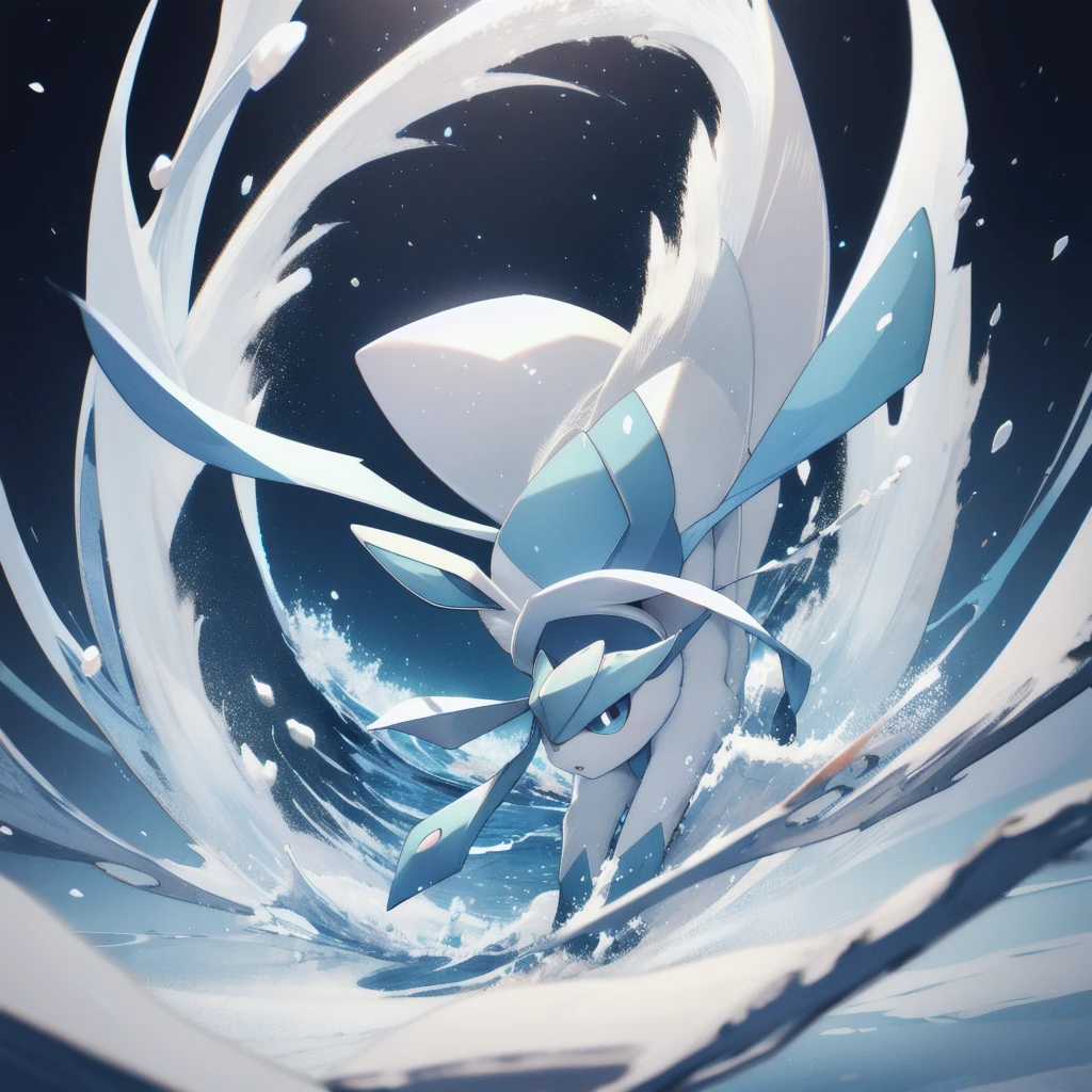 glaceon, snow,pokemon \(creature\),animal,  full body, tree,, (masterpiece, best quality,absurdres: 1.2),, perfect hands,, masterpiece,best quality,ultra-detailed,very detailed illustrations,extremely detailed,intricate details,highres,super complex details,extremely detailed 8k cg wallpaper