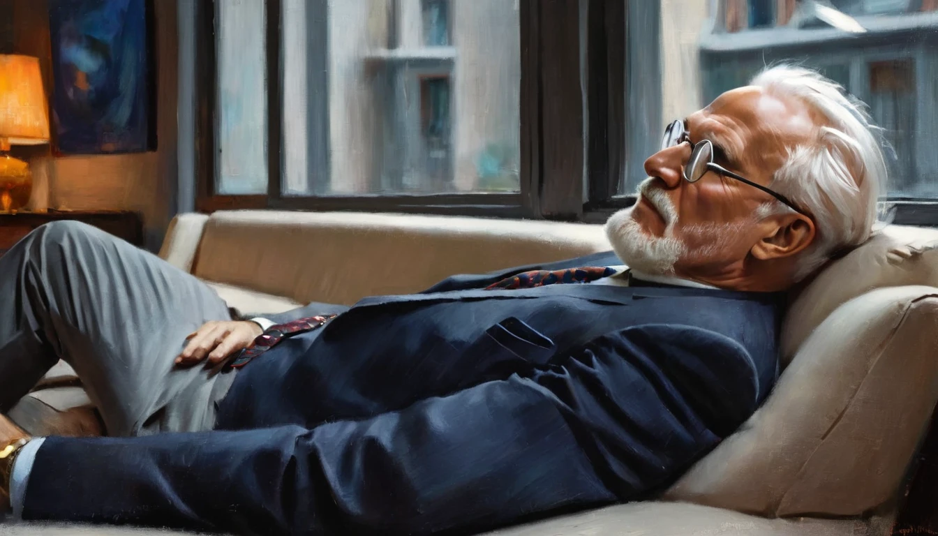 impressionistic realism by csybgh), portrait of psychologist Carl Jung with a client lying on the couch for a therapy session, He has a white beard and white hair and wears round glasses., There is a golden beetle stuck to the window of his office, work of art, 8K, fullcolor