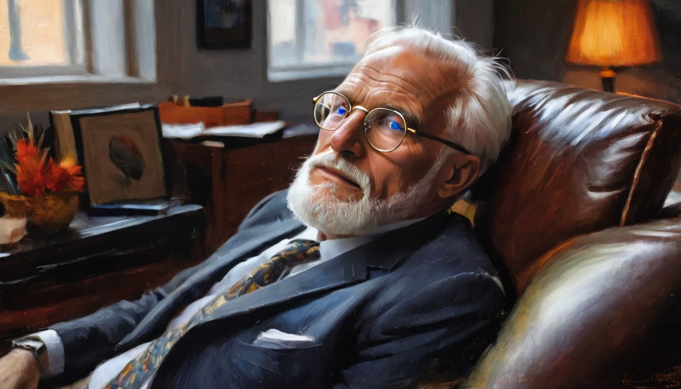 impressionistic realism by csybgh), portrait of psychologist Carl Jung with a client lying on the couch for a therapy session, He has a white beard and white hair and wears round glasses., There is a golden beetle stuck to the window of his office, work of art, 8K, fullcolor