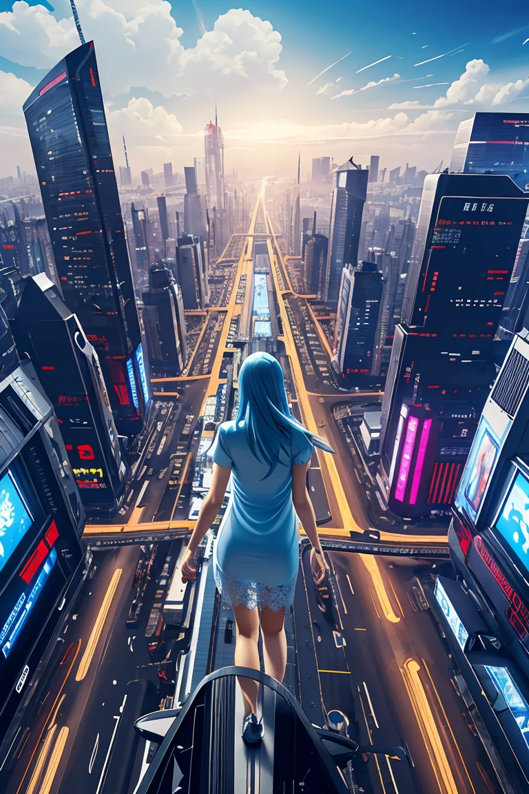 (masterpiece:1.2), best quality, highres, original, (extremely detailed:1.2), ultra-detailed, wallpaper, perfect lighting,(extremely detailed CG:1.2), 8k, anime illustration, 1boy, cross-dressing, long hair, light-blue hair, (cyberpunk fashion, short-sleeved T-shirt, knee-length skirt, lace hemline, delicate clothes, flat chest:1.2), flying a high-tech aircraft, futuristic city background, sci-fi city, (anatomically correct: 1.3)