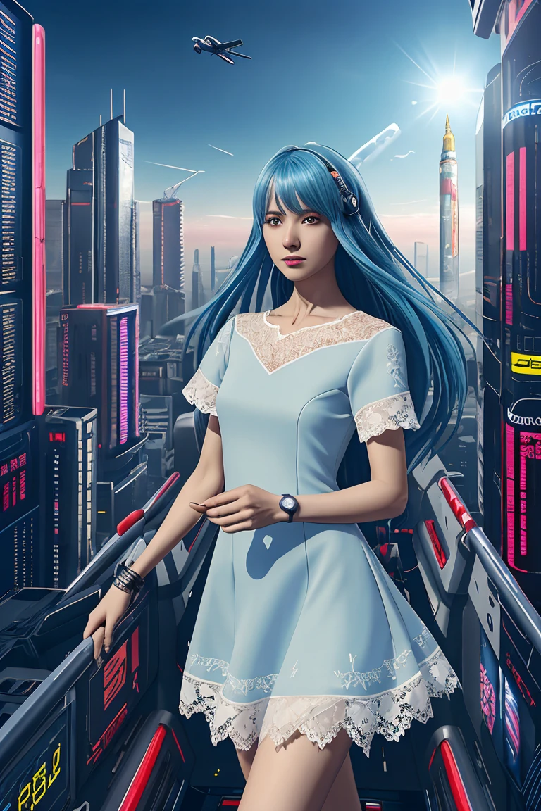 (masterpiece:1.2), best quality, highres, original, (extremely detailed:1.2), ultra-detailed, wallpaper, perfect lighting,(extremely detailed CG:1.2), 8k, anime illustration, 1boy, cross-dressing, long hair, light-blue hair, (cyberpunk fashion, short-sleeved T-shirt, knee-length skirt, lace hemline, delicate clothes, flat chest:1.2), flying a high-tech aircraft, futuristic city background, sci-fi city, (anatomically correct: 1.3)