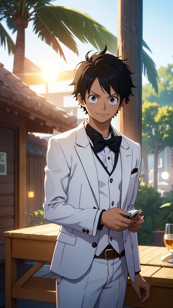 Top Half body, (masterpiece, best quality:1.2), solo, 1boy, Monkey D. Luffy, One piece anime character, black hair, looking at viewer, official art, extremely detailed CG unity 8k wallpaper, perfect lighting, (masterpiece:1.0),(best_quality:1.0), ultra high res,4K,ultra-detailed, photography, 8K, HDR, highres, absurdres:1.2, bokeh:1.2, lens flare, (vibrant_color:1.2), white Tuxedo suit, Groom suit, full body, Gala dinner, lively, happiness, smiling, smart posture