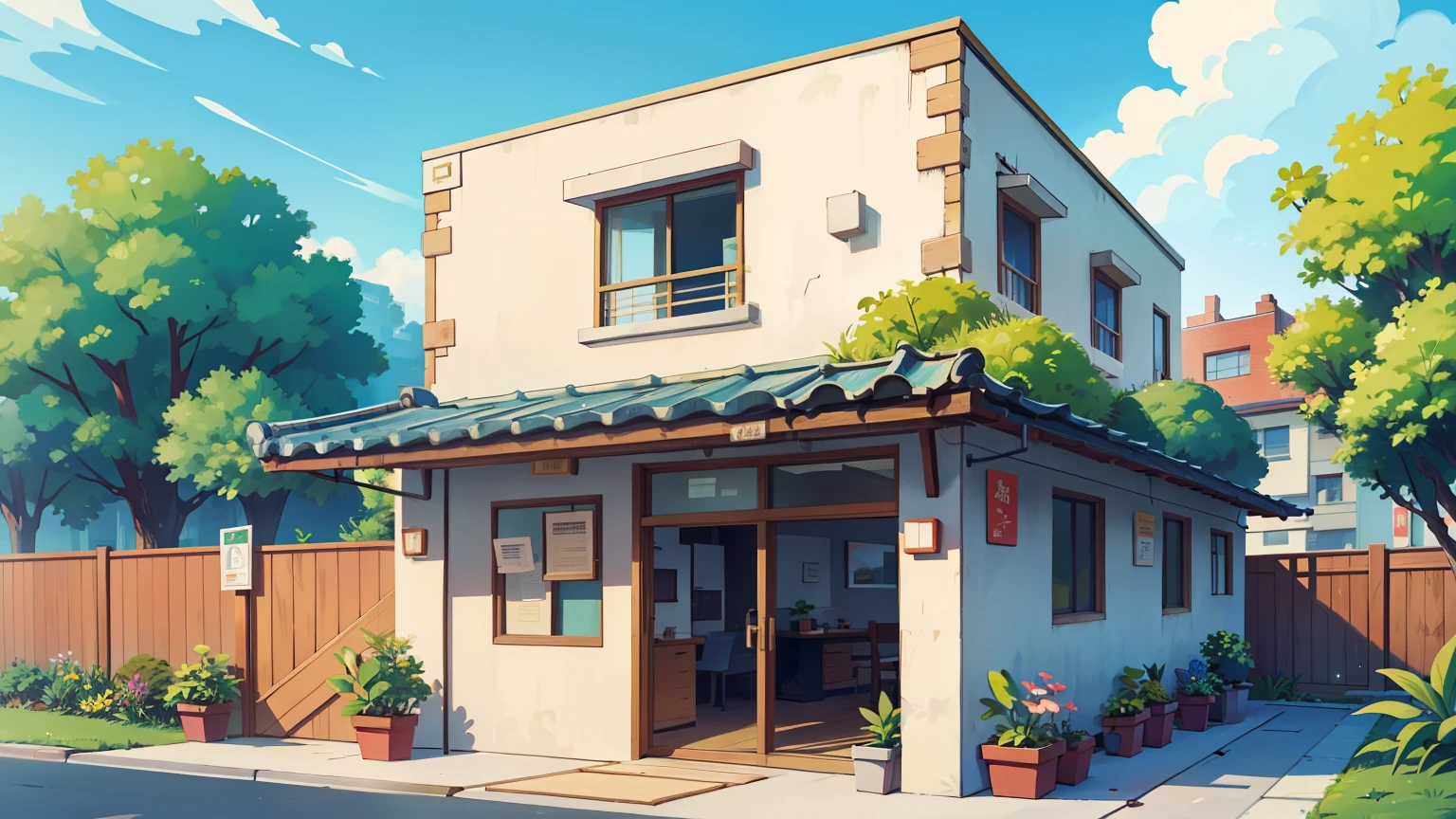 there is a building, bright sunny, some plants, 正面