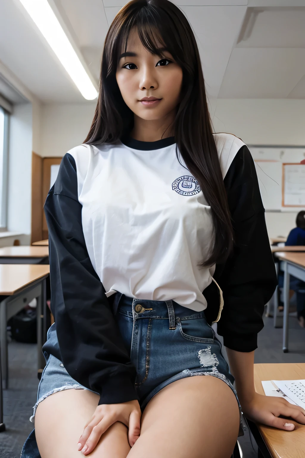 Arafed asian woman sitting on a desk in a classroom - SeaArt AI