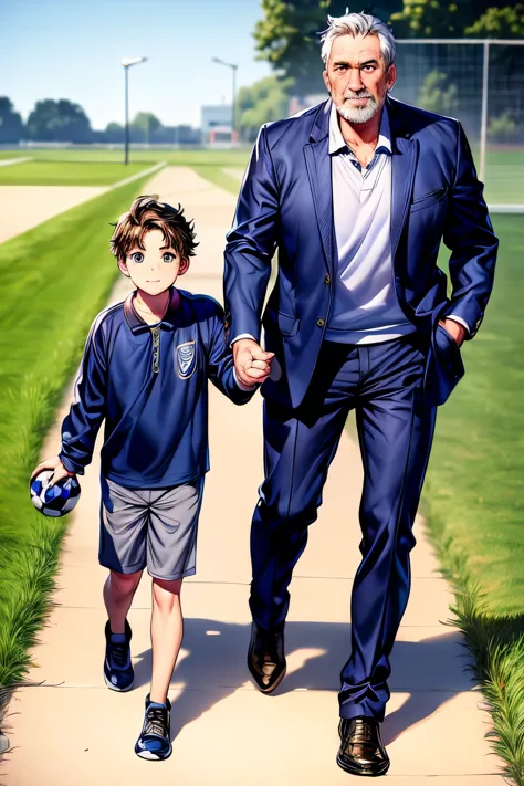 a father brings his child home from the soccer field, father and son walking on their way home ,uhd, anatomically correct, best ...