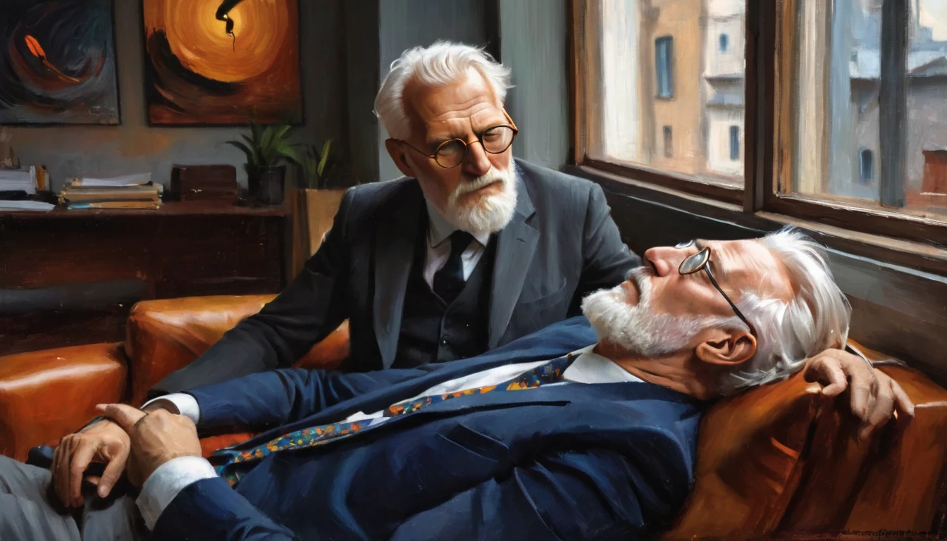 realismo impressionista por csybgh),  Carl Jung, psicólogo, com um cliente deitado no divã durante uma sessão de terapia, Ele tem barba e cabelo brancos e usa óculos redondos., Há um besouro dourado preso à janela do seu escritório, Trabalho de arte, 8K, colorido