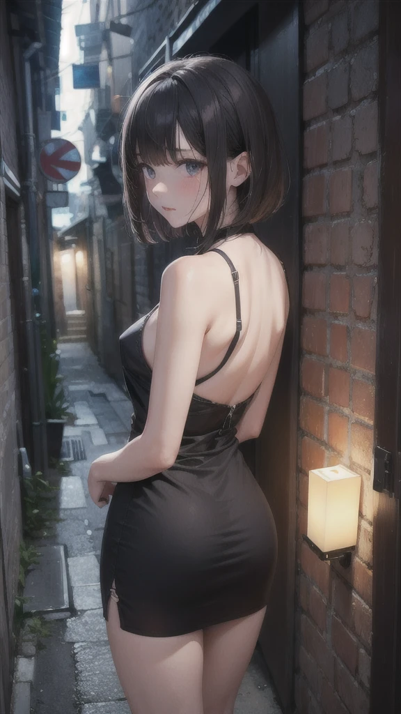 Highest quality , High resolution , Detailed CG , high school girl , short hair , Black dress , Modest chest , Black Hair , Two limbs , Optimal ratio , Embarrassed expression , Burning cheeks , In town , Narrow alley at night , Very dark back alley , Nipples are visible , touching one&#39;s own breasts with one&#39;s own hands , facial expression during orgasm , Hiding in the shadows ,