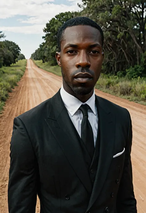 a close-up view of 
shawt a black man i. a black suit standing on a dirt road