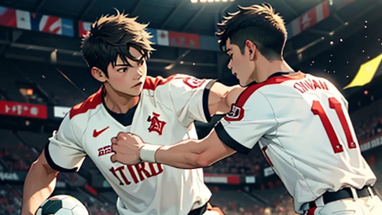 “Create a realistic image of Shohei Ohtani and Takefusa Kubo facing off in a soccer match. Shohei Ohtani should be depicted wearing a soccer uniform and actively engaged in the game, perhaps dribbling the ball or challenging for possession. Takefusa Kubo should also be in a soccer uniform, positioned as a defender or midfielder, closely contesting Ohtani for the ball. The background should feature a packed soccer stadium with excited fans, capturing the intensity and competition of the match. Emphasize the athleticism and focus of both players as they compete against each other.”