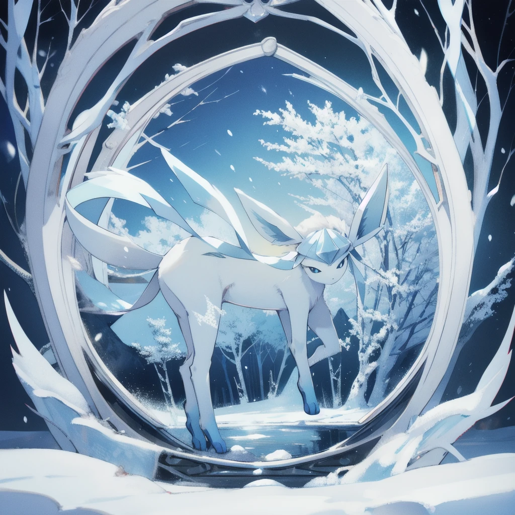 glaceon, snow,pokemon \(creature\),animal,no humans, full body, tree,, (masterpiece, best quality,absurdres: 1.2),, perfect hands,, masterpiece,best quality,ultra-detailed,very detailed illustrations,extremely detailed,intricate details,highres,super complex details,extremely detailed 8k cg wallpaper