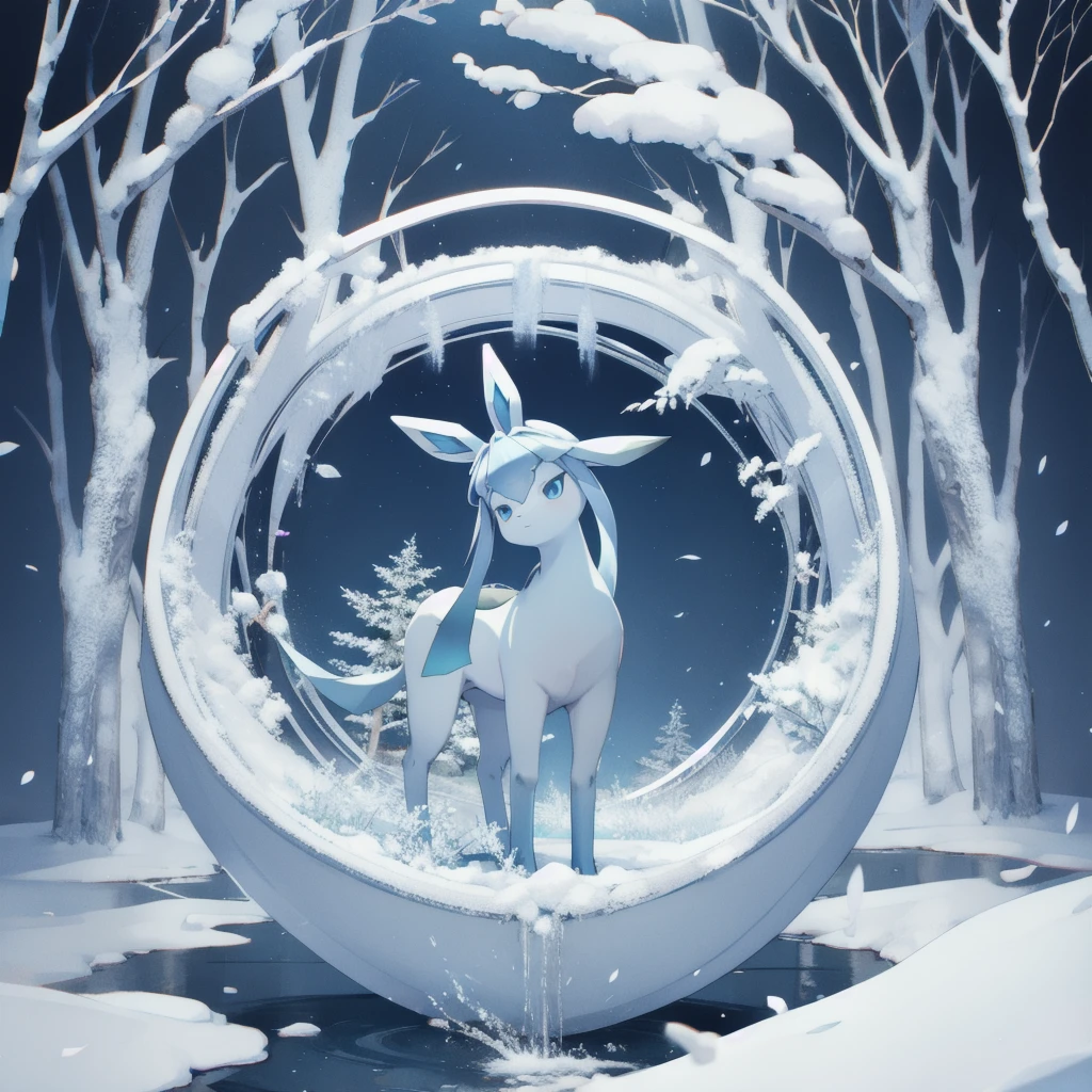 glaceon, snow,pokemon \(creature\),animal,no humans, full body, tree,, (masterpiece, best quality,absurdres: 1.2),, perfect hands,, masterpiece,best quality,ultra-detailed,very detailed illustrations,extremely detailed,intricate details,highres,super complex details,extremely detailed 8k cg wallpaper