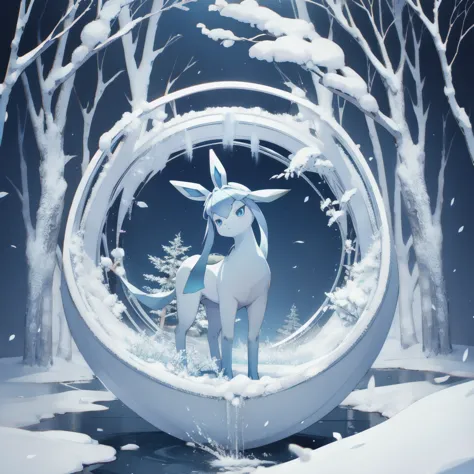 glaceon, snow,pokemon \(creature\),animal,no humans, full body, tree,, (masterpiece, best quality,absurdres: 1.2),, perfect hand...