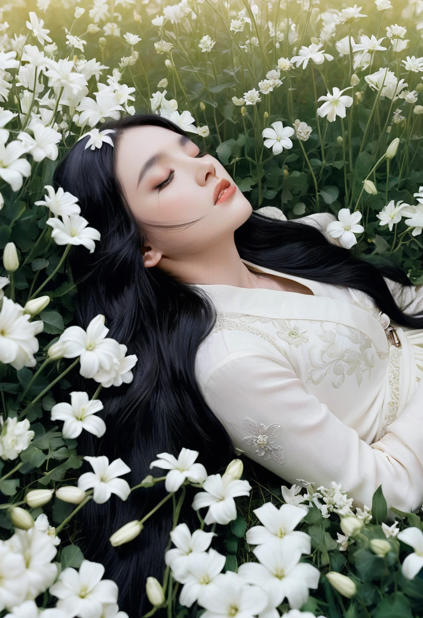 a woman with long black hair and white flowers in her hair is laying down in a field of white flowers, (amy sol:0.248), (stanley artgerm lau:0.106), (a detailed painting:0.353), (gothic art:0.106)