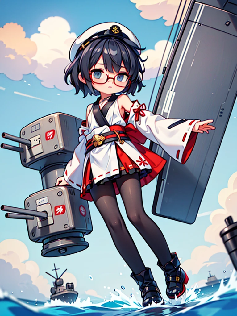 ((((Full body of a woman with perfect flat chest、solo、Short unkempt black hair、white military jacket、Miko costume、tights、Black glasses、White military cap、Cloudy eyes、Sleepy expression)))), (((masterpiece))), (((Shipgirl))), ((Floating on the morning sea with both feet)), (Spread your legs wide open), (Hold the turret with your right hand), (Mechanical arms extending from the waist are used to equip the ship with battleship equipment.), (Equipped with a turret on the back), (Holds the turret with his left arm), Shotgun shells are attached to the thigh with a belt, Spreading the Machine&#39;s Wings, Machine tail,  shotgun, 