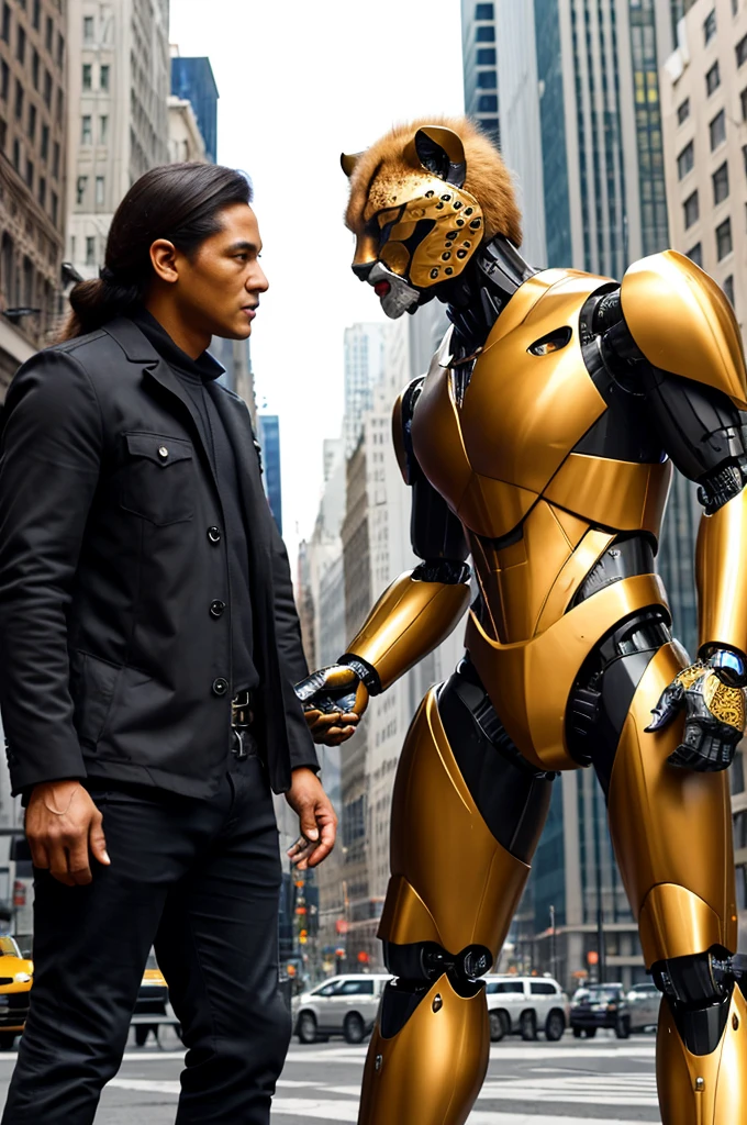 A transformer in humanoid robot mode with Cheetah motif (its beast mode is a Cheetah) is talking to a startled woman, downtown new York