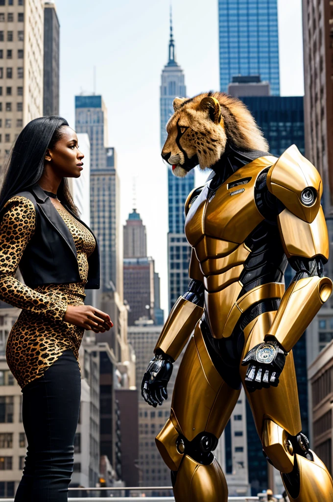 A transformer in humanoid robot mode with Cheetah motif (its beast mode is a Cheetah) is talking to a startled woman, downtown new York