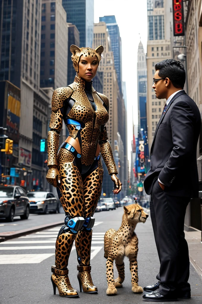 A transformer in humanoid robot mode with Cheetah motif (its beast mode is a Cheetah) is talking to a startled woman, downtown new York