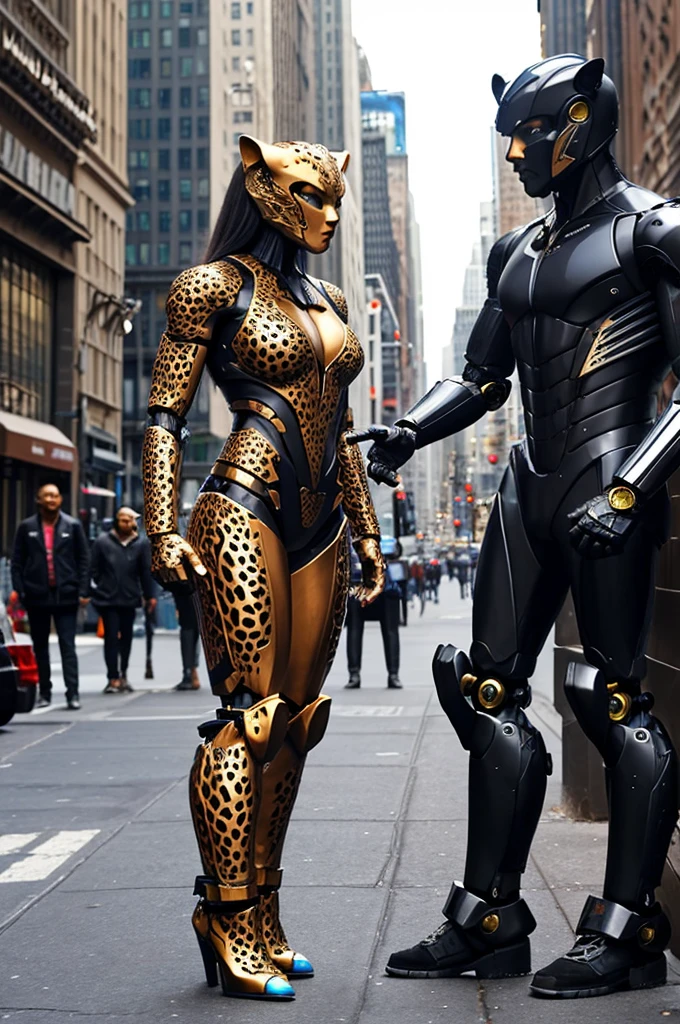 A transformer in humanoid robot mode with Cheetah motif (its beast mode is a Cheetah) is talking to a startled woman, downtown new York