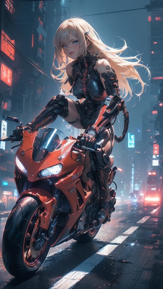 (Female cyborg riding a bicycle)(((8K.High resolution.Hyperrealism、Masterpiece 1.2、wlop1、Cinematic、Additional content、Live Photo 1.2、Best quality 1.2、超High resolution、Very detailed、Perfect Shading、Low angle upper body shot 1.2、1 photo、Commercial Photography 1.2、50mm、Film Grain、sf)))、(((Cyborg riding a red bike、))(Mechanical joint:1.2)、((Mechanical Limbs))、(Blood vessels connected to tubes)、(Mechanical vertebrae attached to the back),((Mechanically connects the cervical spine to the neck),No facial expression,Observe the audience、(Wires and cables attached to the neck:1.2)、(Head wires and cables:1.2)、(Focus on the characters)、(Rider Suit、Buildings at night、Buildings at night、Impressive night view、Cyberpunk World、Riding on motorcycle、Riding on motorcycle)、、(Focus on the characters、Side angle)、(White skin、blonde、Long Hair、No bangs)