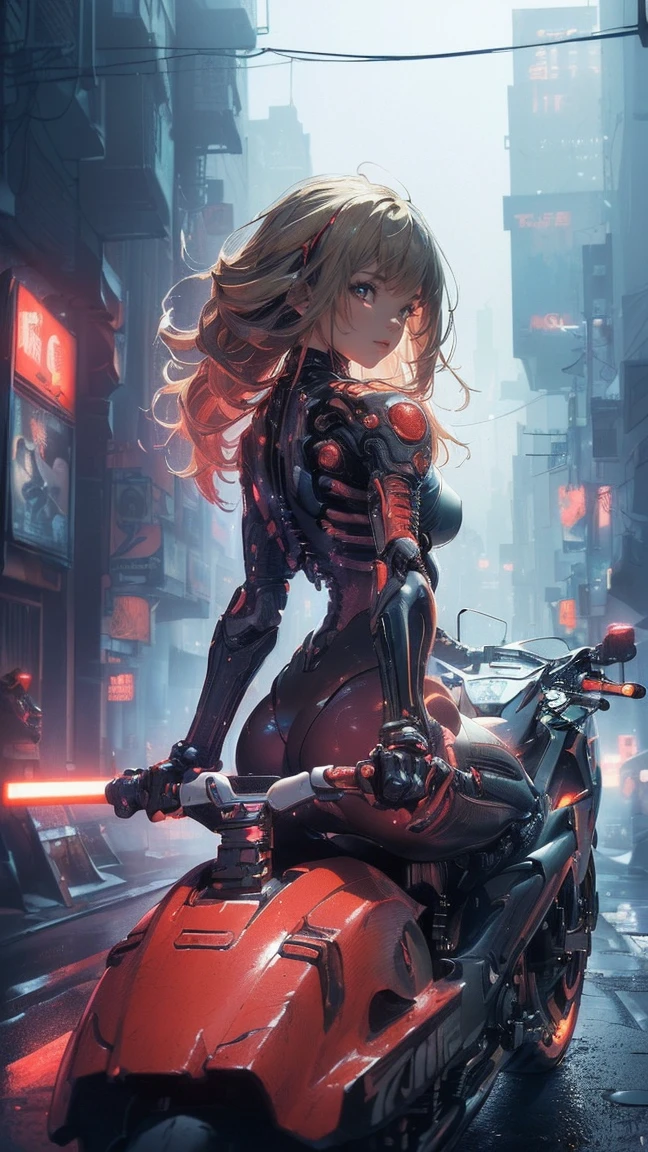 (Female cyborg riding a bicycle)(((8K.High resolution.Hyperrealism、Masterpiece 1.2、wlop1、Cinematic、Additional content、Live Photo 1.2、Best quality 1.2、超High resolution、Very detailed、Perfect Shading、Low angle upper body shot 1.2、1 photo、Commercial Photography 1.2、50mm、Film Grain、sf)))、(((Cyborg riding a red bike、))(Mechanical joint:1.2)、((Mechanical Limbs))、(Blood vessels connected to tu(Mechanical vertebrae attached to the back),((Mechanically connects the cervical spine to the neck),No facial expression,Observe the audience、(Wires and cables attached to the neck:1.2)、(Head wires and cables:1.2)、(Focus on the characters)、(Rider Suit、Buildings at night、Buildings at night、Impressive night view、Cyberpunk World、Riding on motorcycle、Riding on motorcycle)、、(Focus on the characters、Side angle)、(White skin、blonde、Long Hair、No bangs)