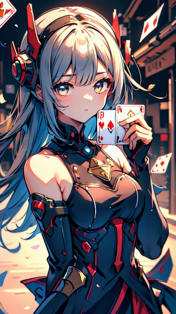 Cards，There are many cards floating in the sky，Girl holding cards，Girl holding a card，Fantasy style，Magic Style，Sci-fi style，Sci-fi style与Magic Style，A girl holding a card with many cards floating behind her，Girl holding a card between two fingers，Girl holding cards，Correct human body structure，Correct body proportions，Girl holding a card，Girl holding cards，The girl holds a card in her hand，Street background，现代Street background，现代都市Street background，Magic Style的背景，Modern urban background，Cards floating in the sky，Cards floating in the background，Upper body close-up，Close-up above the waist，背景中有很多Cards floating in the air，Cards floating in the air，Tarot cards floating in the air