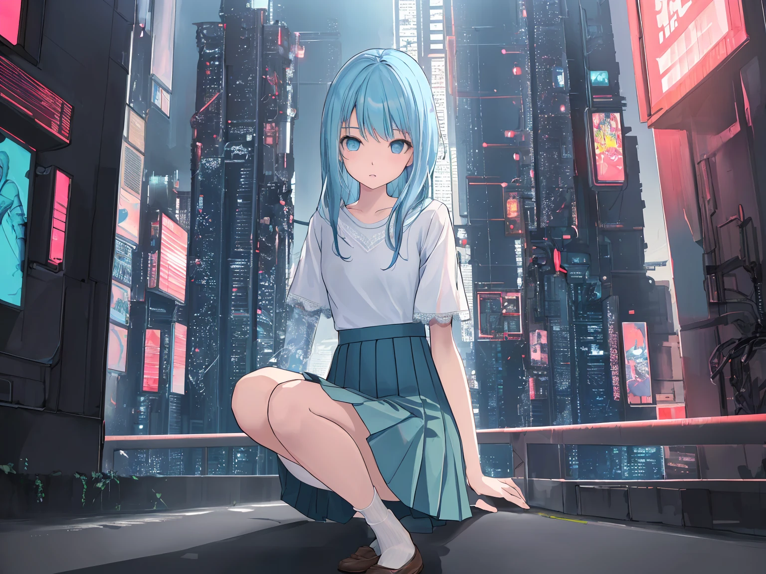 (masterpiece:1.2), best quality, highres, original, (extremely detailed:1.2), ultra-detailed, wallpaper, perfect lighting,(extremely detailed CG:1.2), 8k, anime illustration, 1boy, cross-dressing, femboy, long hair, light-blue hair, (cyberpunk fashion, short-sleeved T-shirt, knee-length skirt, lace hemline, delicate clothes:1.2),looking at viewer, frontal, futuristic city background, sci-fi city, (anatomically correct: 1.3)