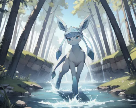 glaceon, pokemon \(creature\),animal,  full body, no humans, village from pokemon,outdoors, houses,, (masterpiece, best quality,...