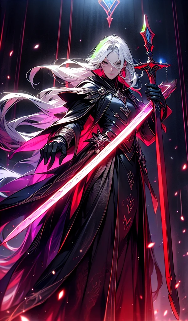 master part,best quality, Isaac Newton, 1homem, fancy, Mage with grimoire,(magie:1.2), (white  hair), Longe hair, long  hair, Wearing a tunic with the colors black and purple, wielding a sword, hard disk