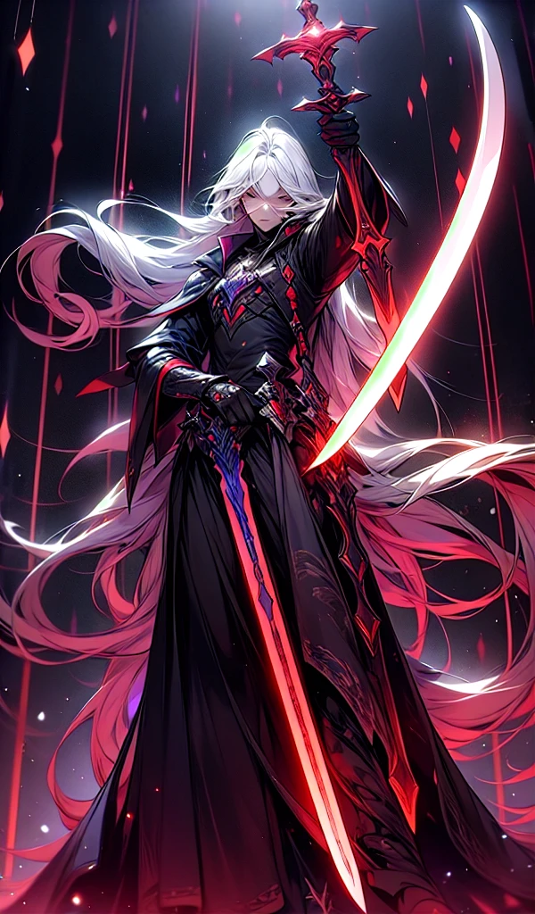 master part,best quality, Isaac Newton, 1homem, fancy, Mage with grimoire,(magie:1.2), (white  hair), Longe hair, long  hair, Wearing a tunic with the colors black and purple, wielding a sword, hard disk