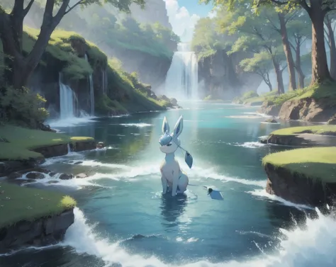 glaceon, pokemon \(creature\),animal, full body, no humans, village from pokemon,outdoors, houses,, (masterpiece, best quality,a...