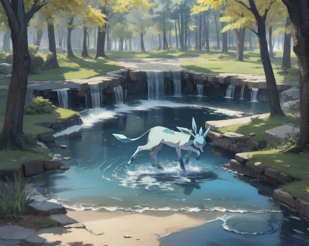 glaceon, pokemon \(creature\),animal, full body, no humans, village from pokemon,outdoors, houses,, (masterpiece, best quality,absurdres: 1.2),, perfect hands,, masterpiece,best quality,ultra-detailed,very detailed illustrations,extremely detailed,intricate details,highres,super complex details,extremely detailed 8k cg wallpaper