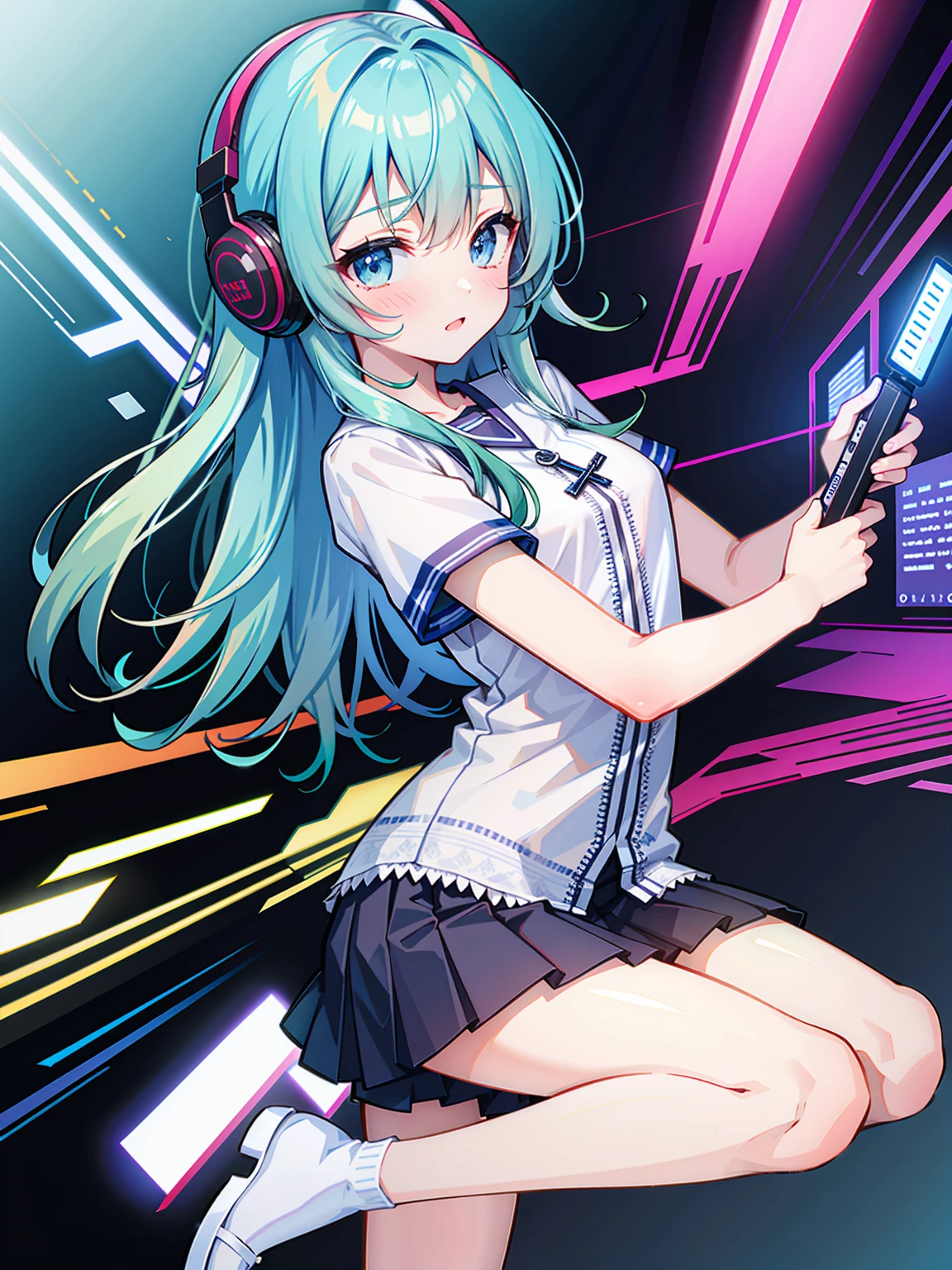 (masterpiece:1.2), best quality, highres, original, (extremely detailed:1.2), ultra-detailed, wallpaper, perfect lighting,(extremely detailed CG:1.2), 8k, anime illustration, 1boy, cross-dressing, femboy, long hair, light-blue hair, (cyberpunk fashion, short-sleeved T-shirt, knee-length skirt, lace hemline, delicate clothes:1.2),looking at viewer, frontal, futuristic city background, sci-fi city, (anatomically correct: 1.3)