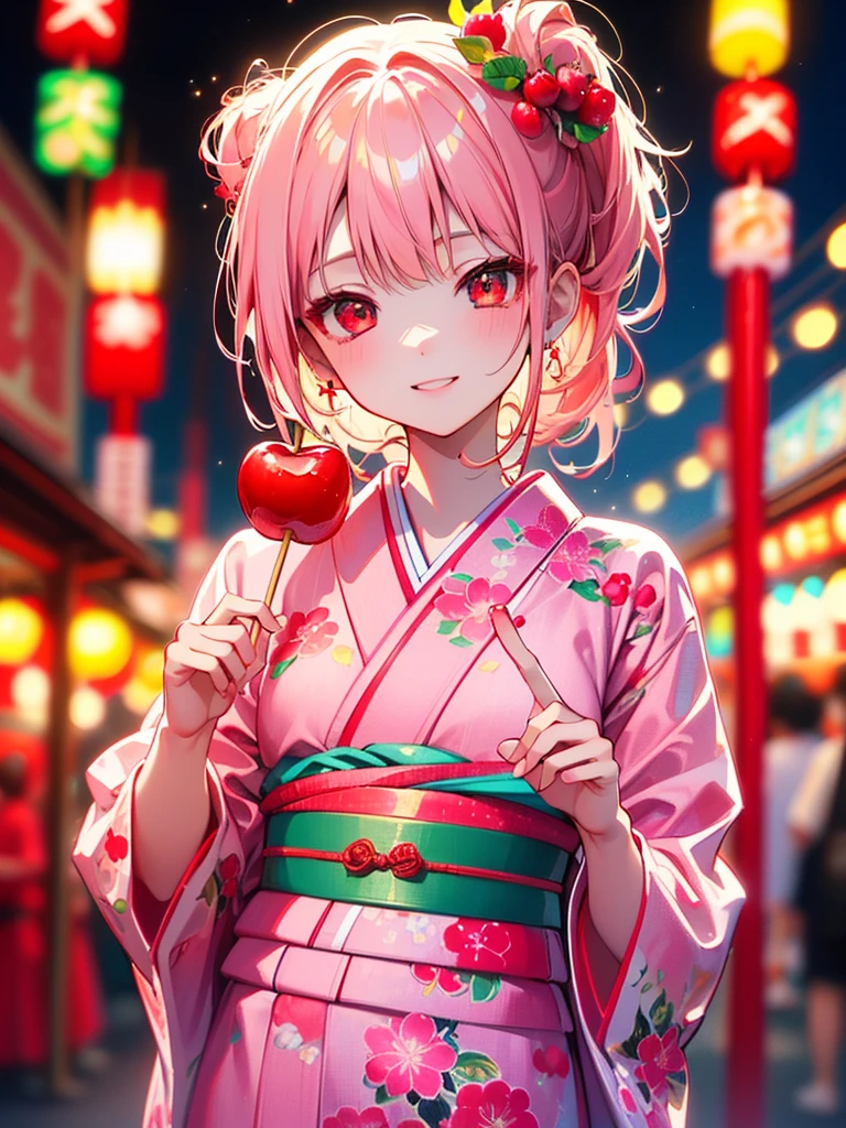 (masterpiece),(highest quality:1.2),((Perfect Anatomy)),(Perfect Fingers:1.3),(4k anime style),(1 girl),face focus,(Flat Chest),highest quality,pink ponytail hair,,Beautiful and detailed red eyes,pink yukata fashion,((apple candy)),((holding apple candy stuck on a stick)),pastel tones,soft cinematic lighting,Bokeh,summer festival night,Captivating smile