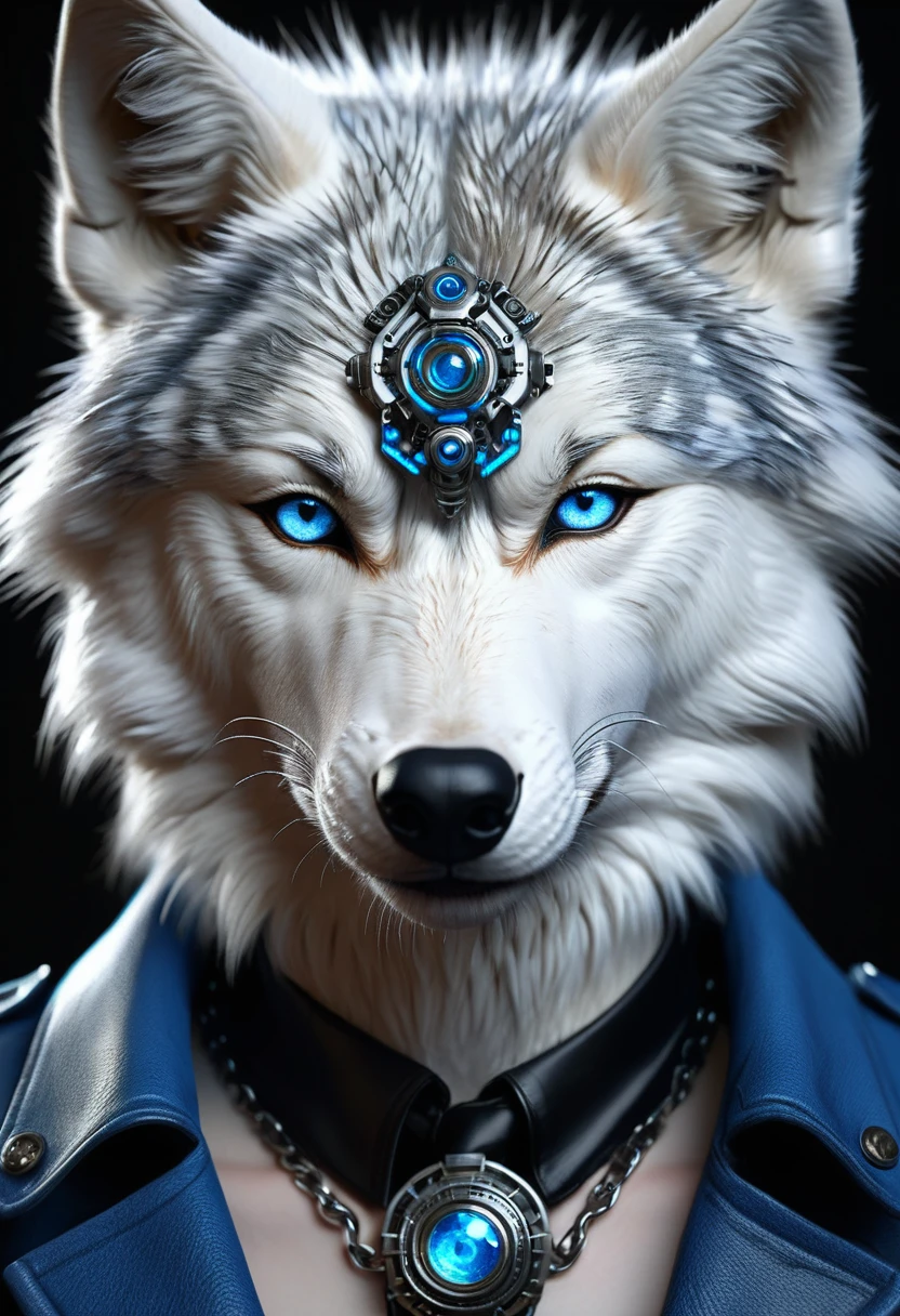 High quality, Extremely detailed, Realistic,  (furry) ((Wolf)) male, blue eyes, symmetrical perfect face fine detail, cyber fashion