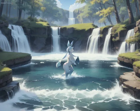 glaceon, pokemon \(creature\),animal, full body, no humans, village from pokemon,outdoors, houses,, (masterpiece, best quality,a...