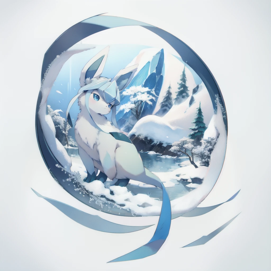 glaceon, snow,pokemon \(creature\),animal, full body, tree,, (masterpiece, best quality,absurdres: 1.2),, perfect hands,, masterpiece,best quality,ultra-detailed,very detailed illustrations,extremely detailed,intricate details,highres,super complex details,extremely detailed 8k cg wallpaper