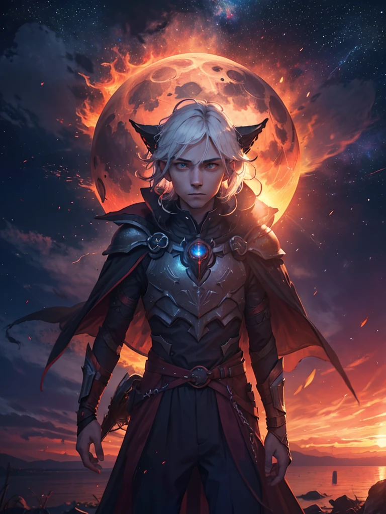 1 boy, armor, combustion, cape, crescent moon, Earth \(planet\), ember, Energy Ball, fire, fire焰, full moon, galaxy, Luminescence, Green Eyes, trumpet, Long hair, magic, Male focus, moon, night, night Sky, Scapula, planet, Pointed ears, red cape, red moon, shoulder armor, Sky, Solitary, space, Star \(Sky\), Starry Sky, sun, sunset, White hair  , author：Paul Zizka, 