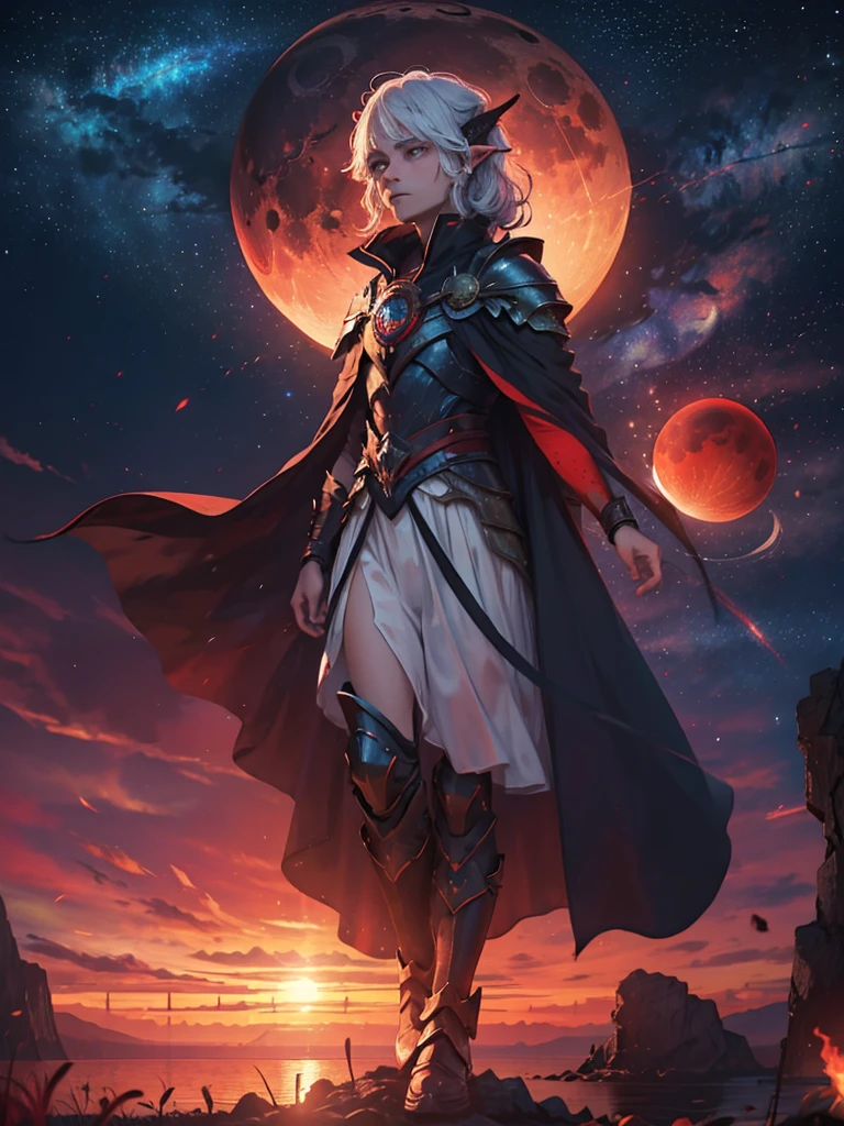 1 boy, armor, combustion, cape, crescent moon, Earth \(planet\), ember, Energy Ball, fire, fire焰, full moon, galaxy, Luminescence, Green Eyes, trumpet, Long hair, magic, Male focus, moon, night, night Sky, Scapula, planet, Pointed ears, red cape, red moon, shoulder armor, Sky, Solitary, space, Star \(Sky\), Starry Sky, sun, sunset, White hair  , author：Paul Zizka, 