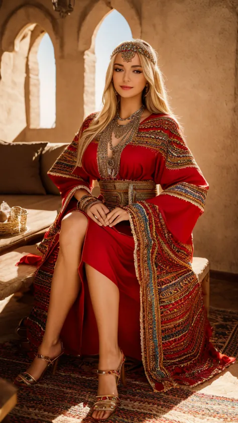 most beautiful german blonde lady, wearing kabyle robe, kabyledress, amazigh, berber, kabyle outfit, bijoux, luxurious house bac...