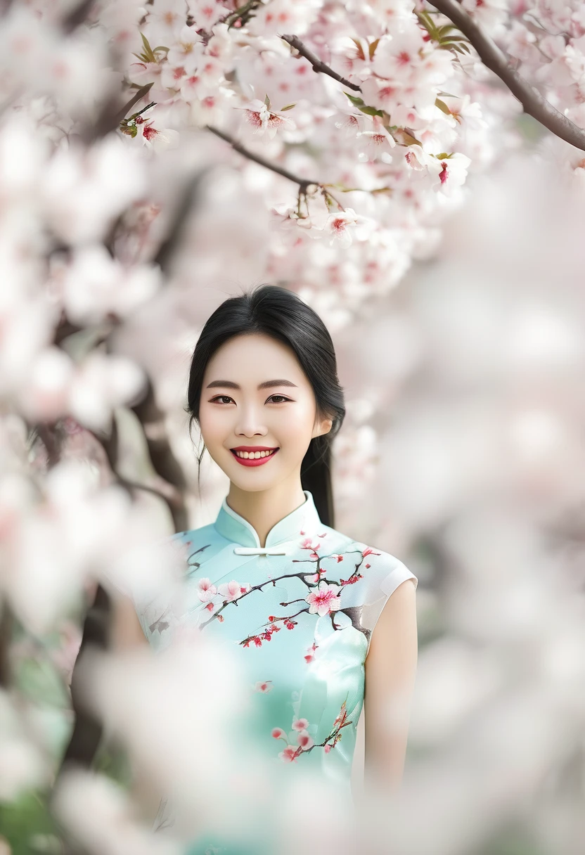 الجمال الصيني，شعر أسود طويل，يبتسم，شيونغسام خفيف，تحت نمط شجرة الكرز كاتز，ألوان ناعمة，التصوير，4K